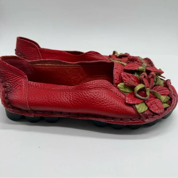 Socofy Red Flower Handcrafted Leather Slip On Loafers Shoes 9.5 - Picture 3 of 9